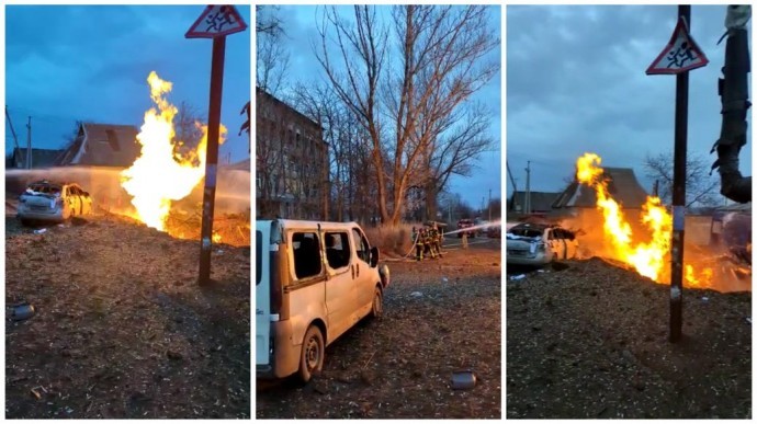 В результате обстрела Константиновки горит газовая труба среднего давления