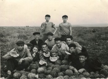 Студенты Запорожского металлургического техникума, привлеченные к уборке арбузов, за употреблением урожая.