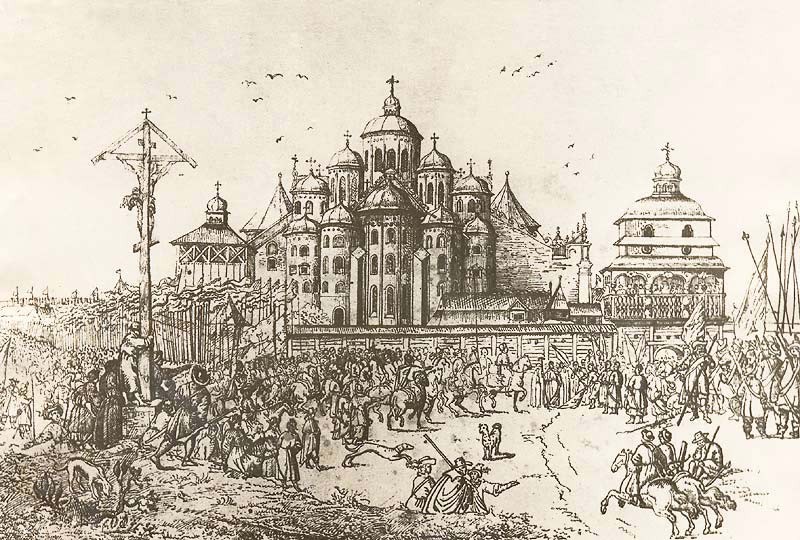 Софийский собор с деревянной колокольней (справа) на рисунке Абрахама ван Вестерфельда (1651)