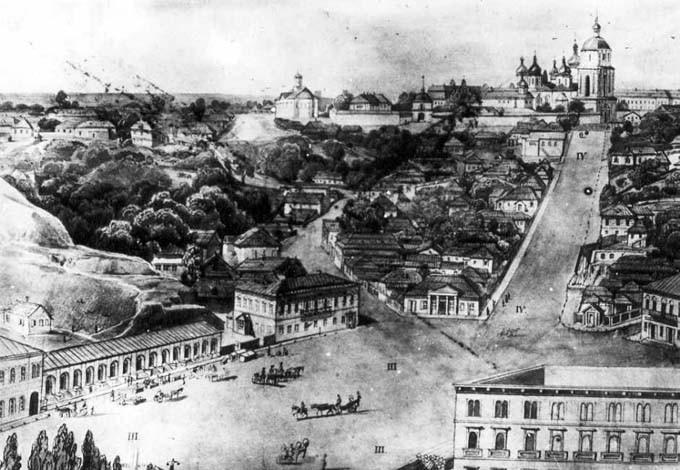 Вид Софийского собора с Крещатицкой площади (Майдана Незалежности) в середине XIX века